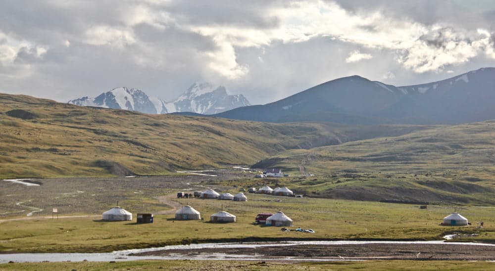 Traditional yurts in a green valley with mountains in the background under a cloudy sky.