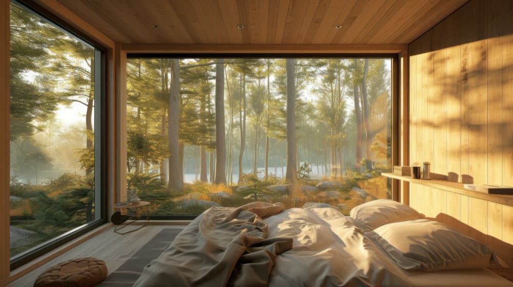 Cozy modern bedroom with large windows overlooking a sunlit forest.