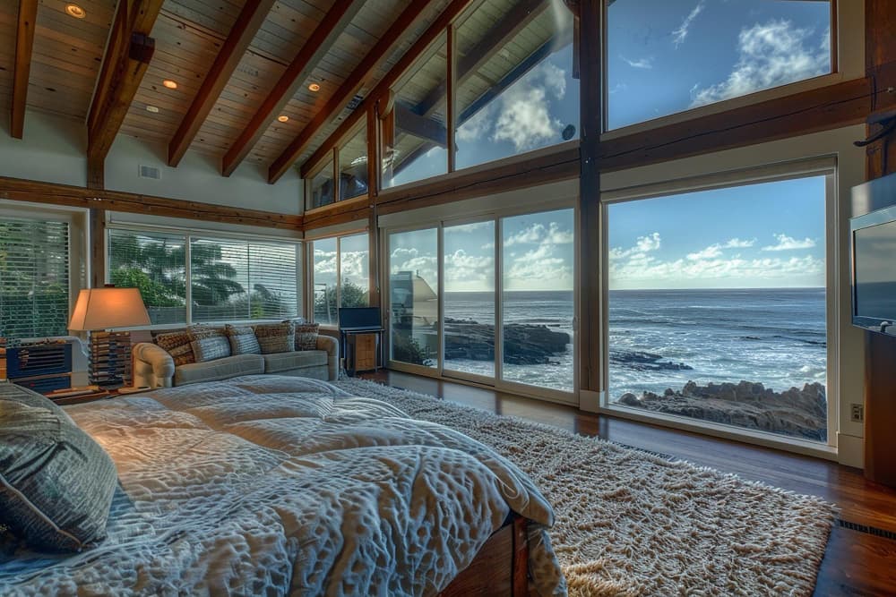 A timber-clad cabin with floor-to-ceiling windows perched on a rocky shoreline, looking out over calm sea under a twilight sky.