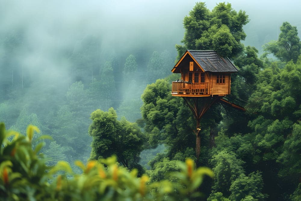 Wooden treehouse high in misty green forest.