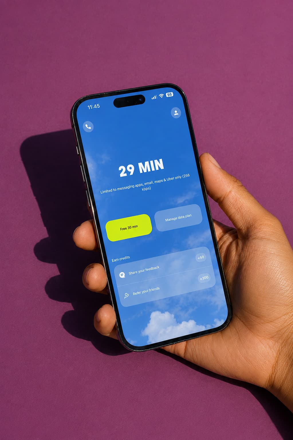 Firsty app showing 29 minutes left on the free data plan