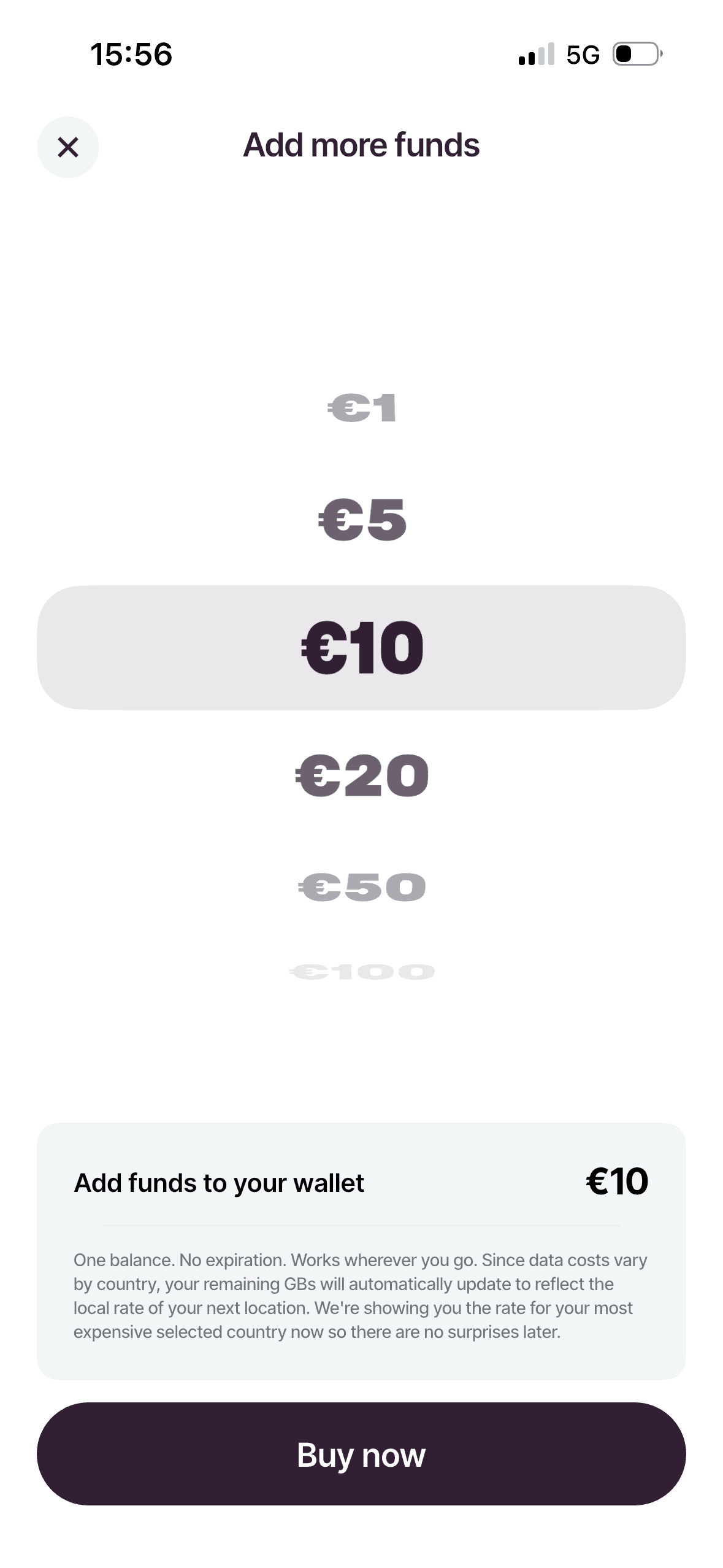 Firsty app screen for adding funds to your calling wallet