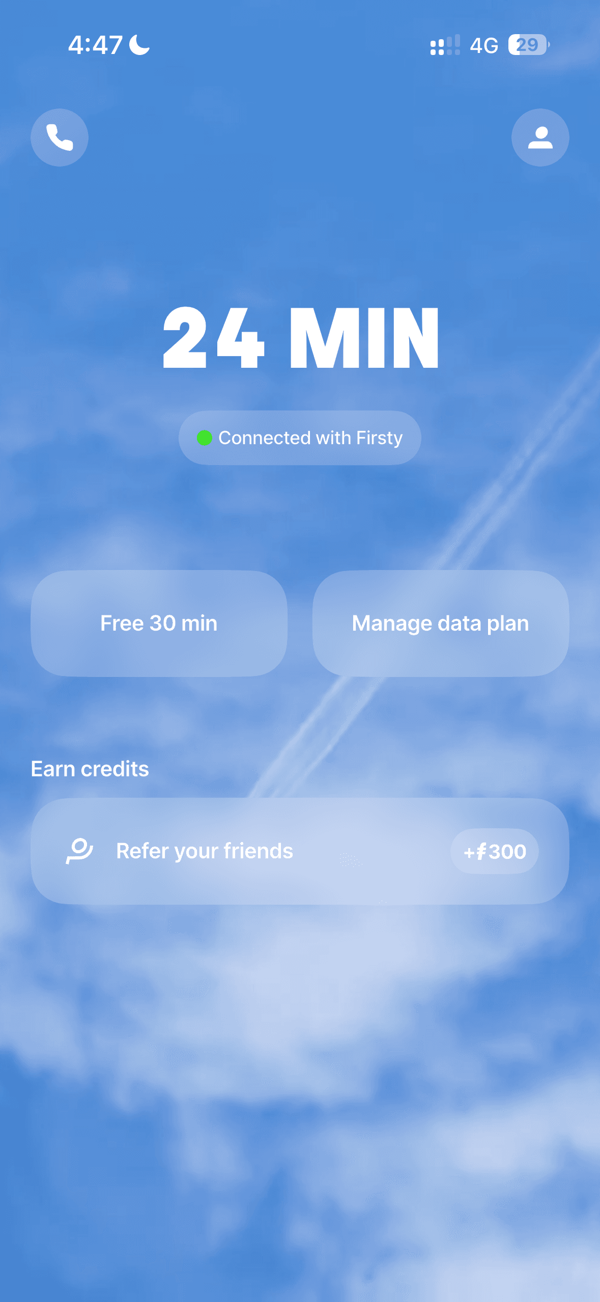Firsty app showing the free plan's remaining minutes and refer-a-friend reward