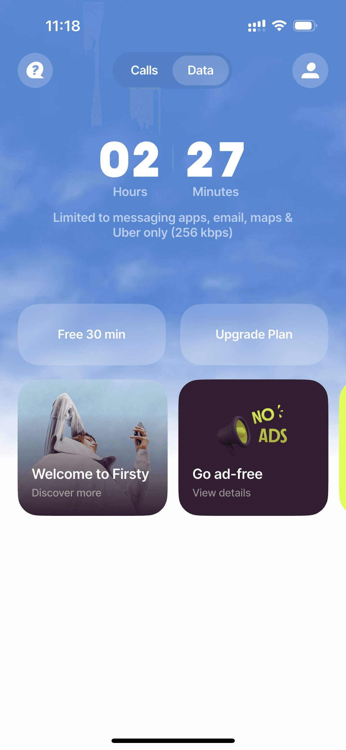 Firsty app showing the free data plan's remaining time and upgrade options