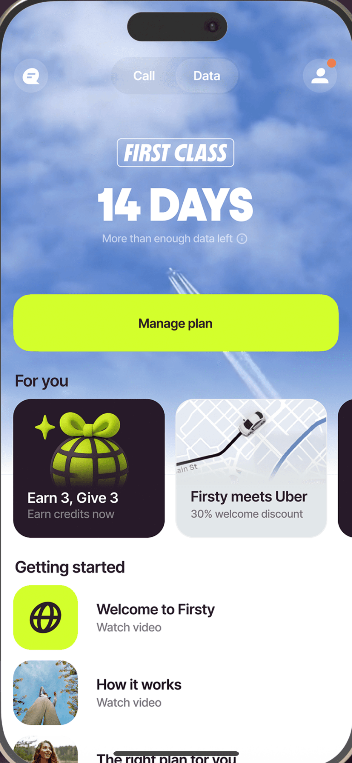 Firsty app home screen showing the First Class plan with 14 days remaining