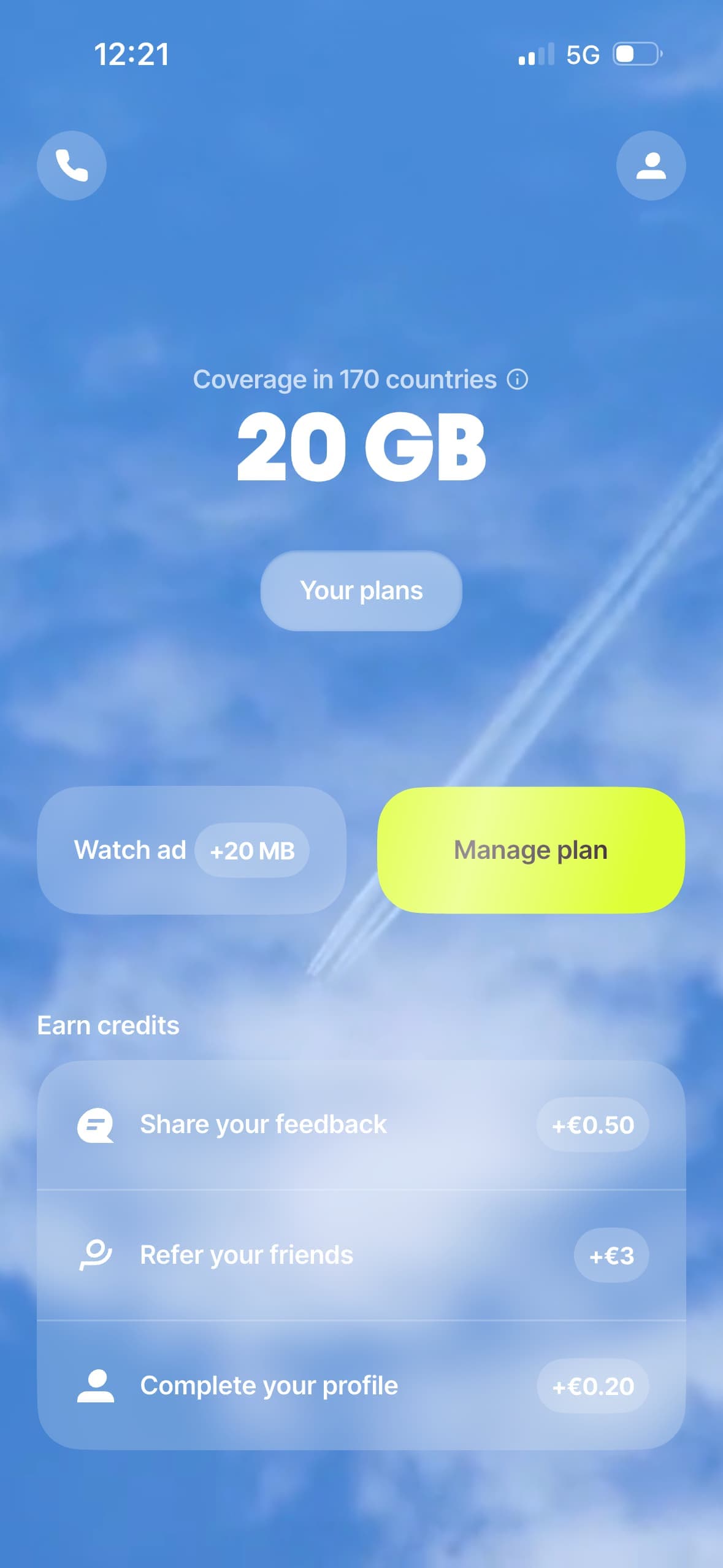 Firsty app showing a 20GB plan with coverage in 176 countries