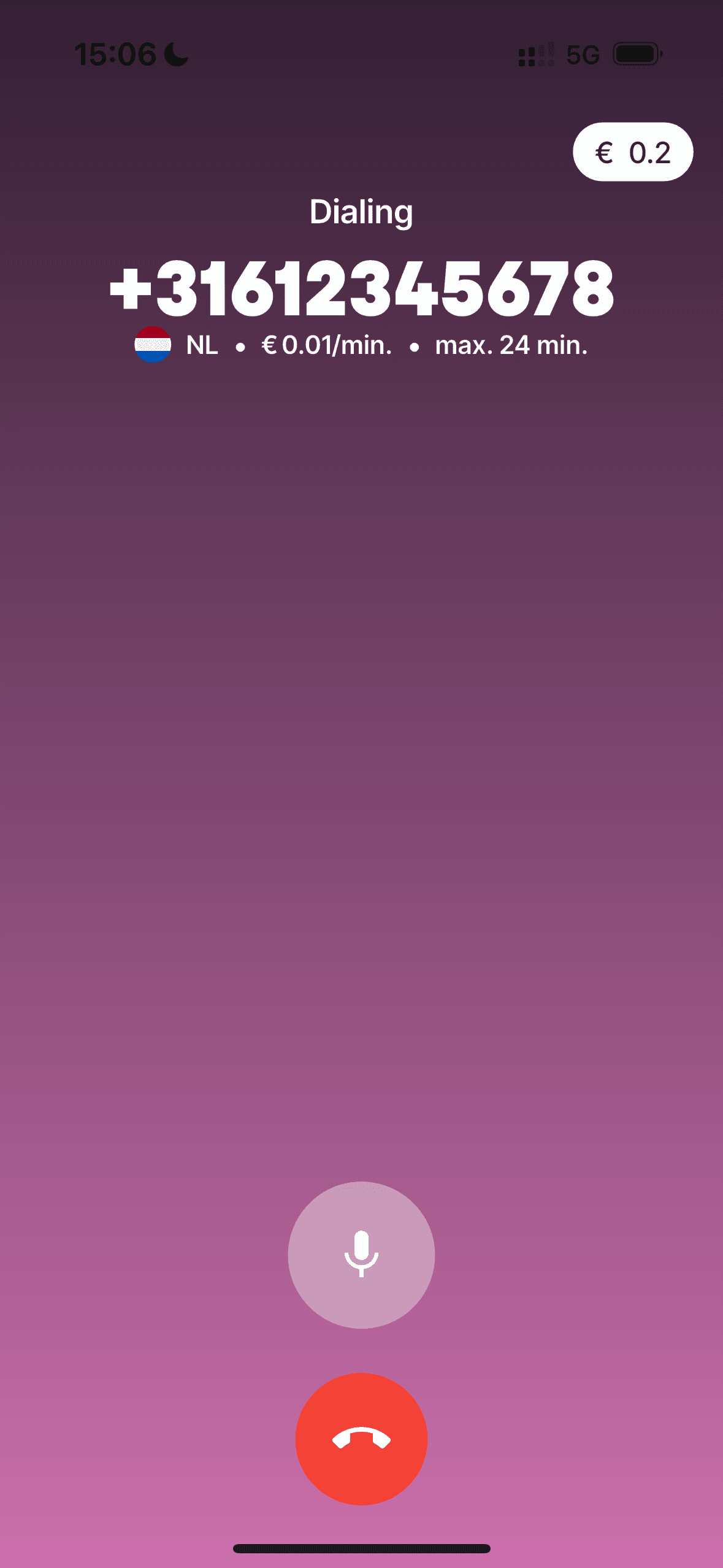 Firsty app screen showing an active call to the Netherlands at 0.01 euros a minute