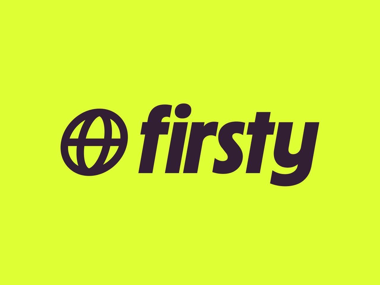 Logo with a globe icon and the word "firsty" in bold black letters on a bright yellow background.