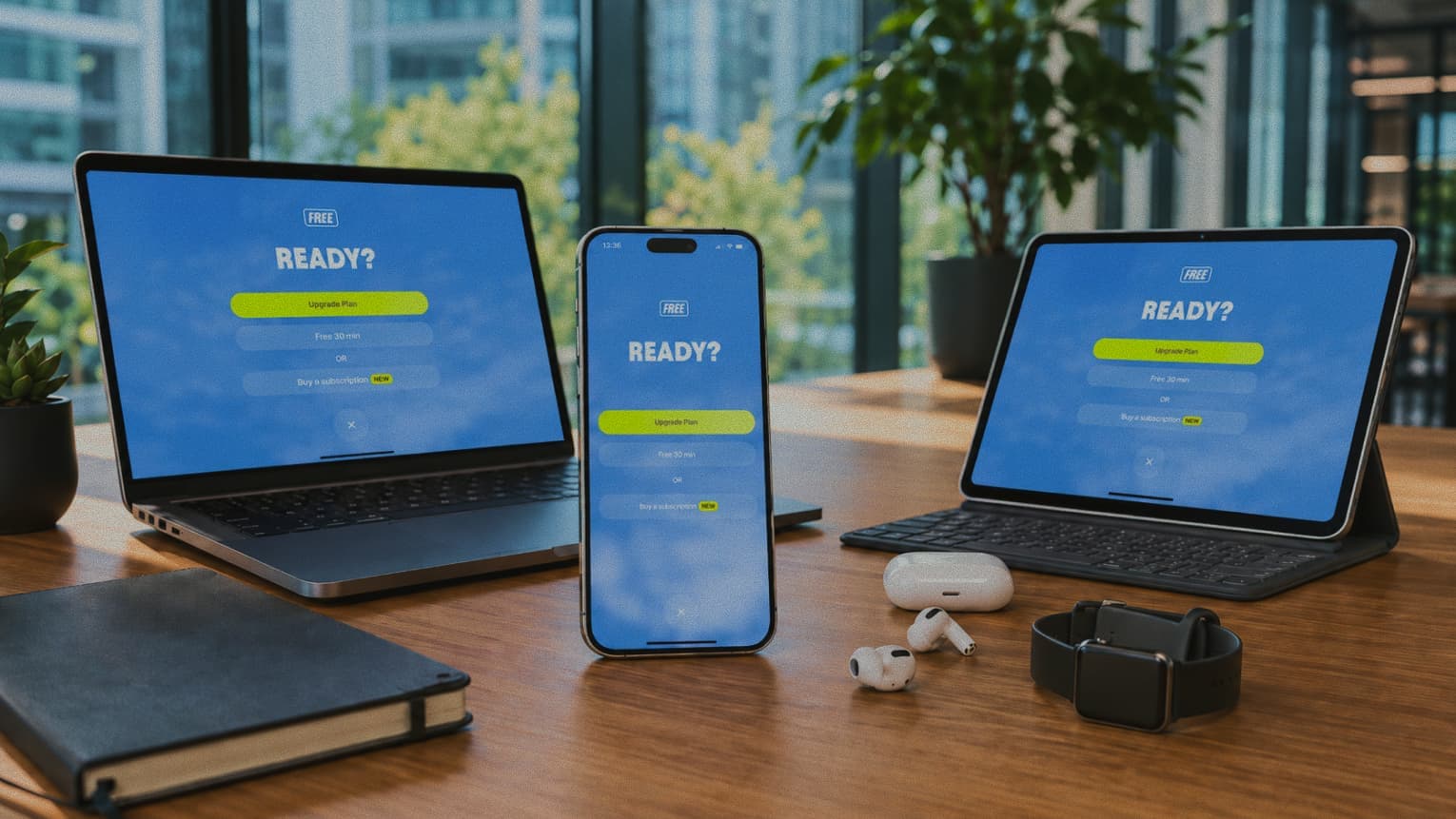Firsty's Ready screen shown on a laptop, phone and tablet