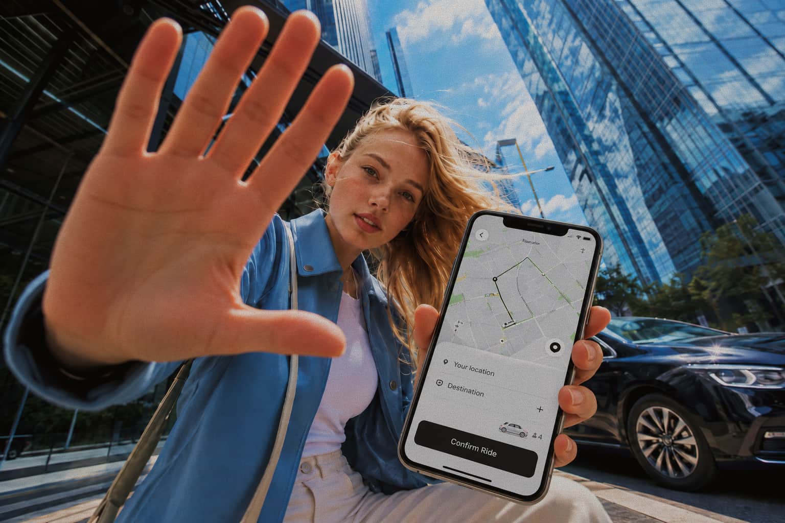 Woman hailing a ride while her phone shows a ride confirmation screen