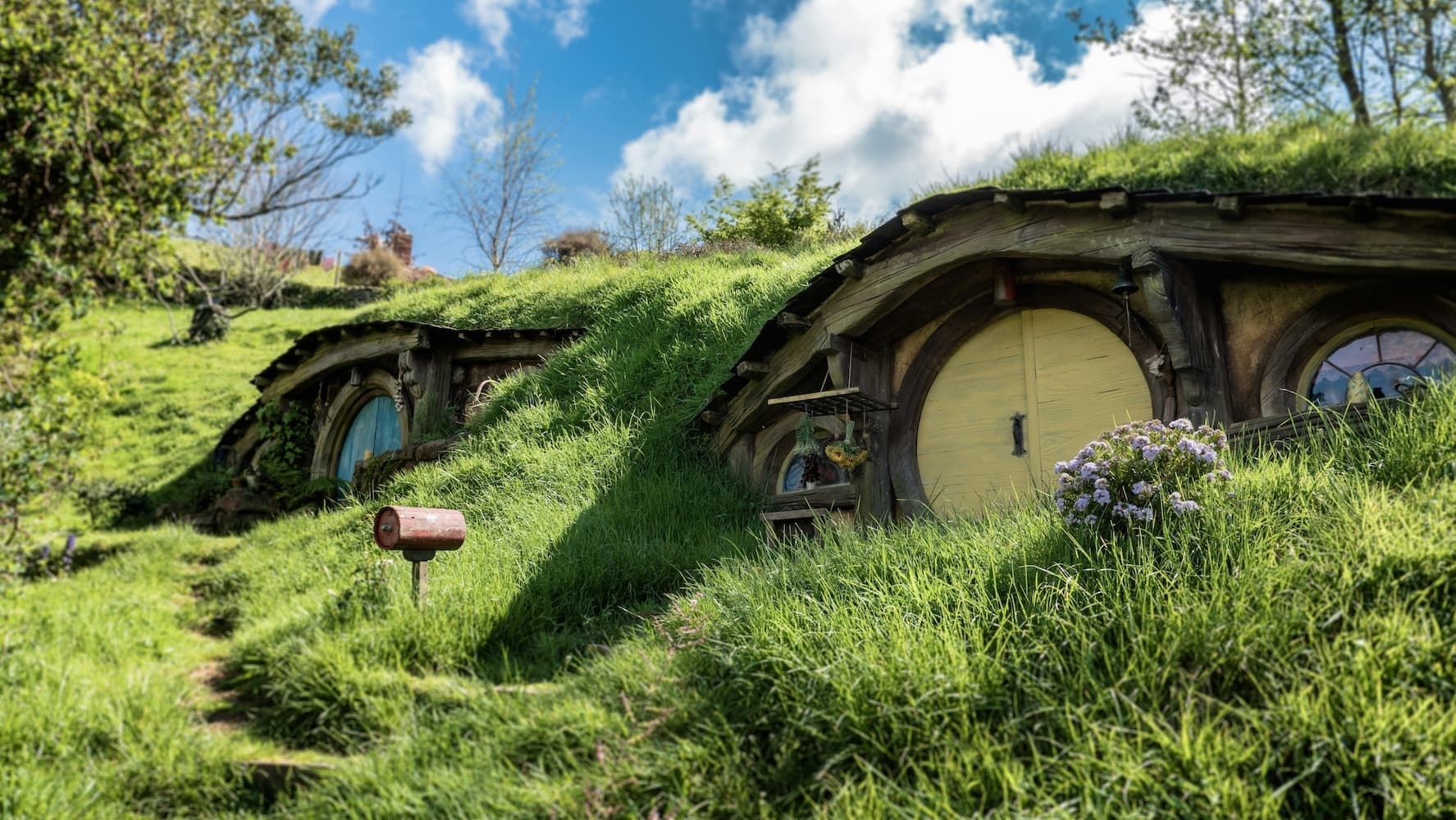 Turf-roofed Hobbit-style domes built into a grassy hillside, with round doors and windows peeking out among lush green pastures.