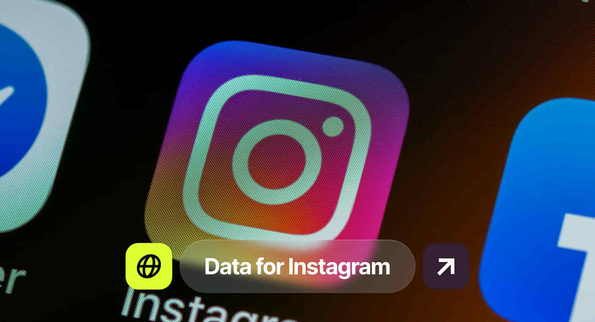 Close-up of the Instagram app icon on a digital screen with text overlay that reads "Data for Instagram."