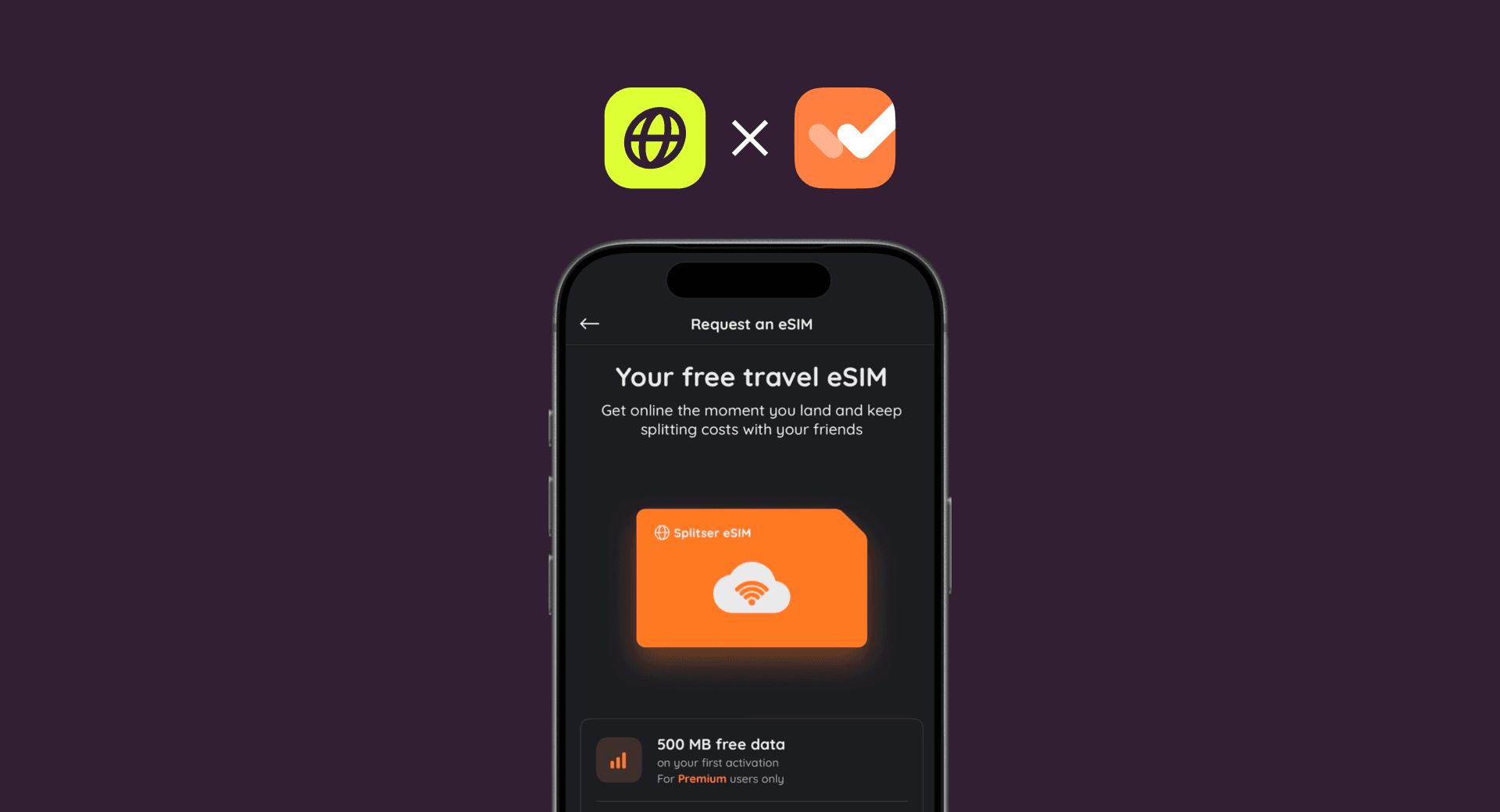 Firsty and Splitser app screen offering a free travel eSIM
