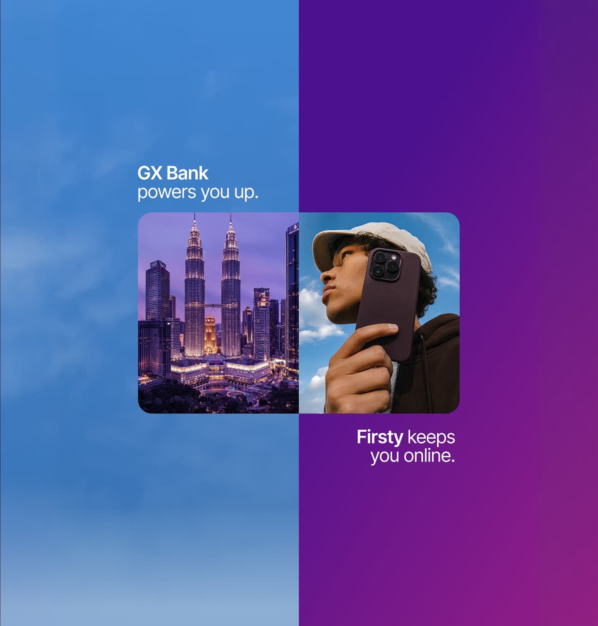 Split banner for the GX Bank and Firsty partnership with the Kuala Lumpur skyline