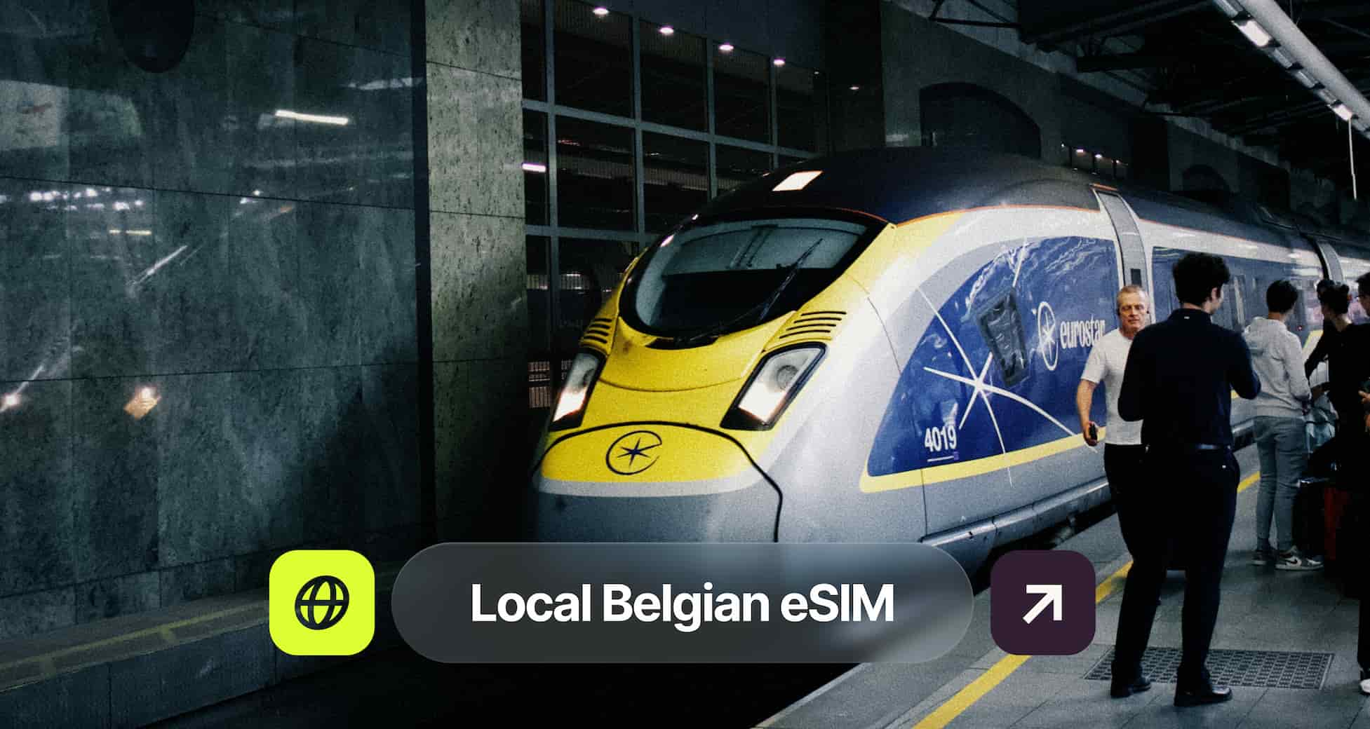 A Eurostar train at a station platform with people standing nearby. Text overlay reads "Local Belgian eSIM."