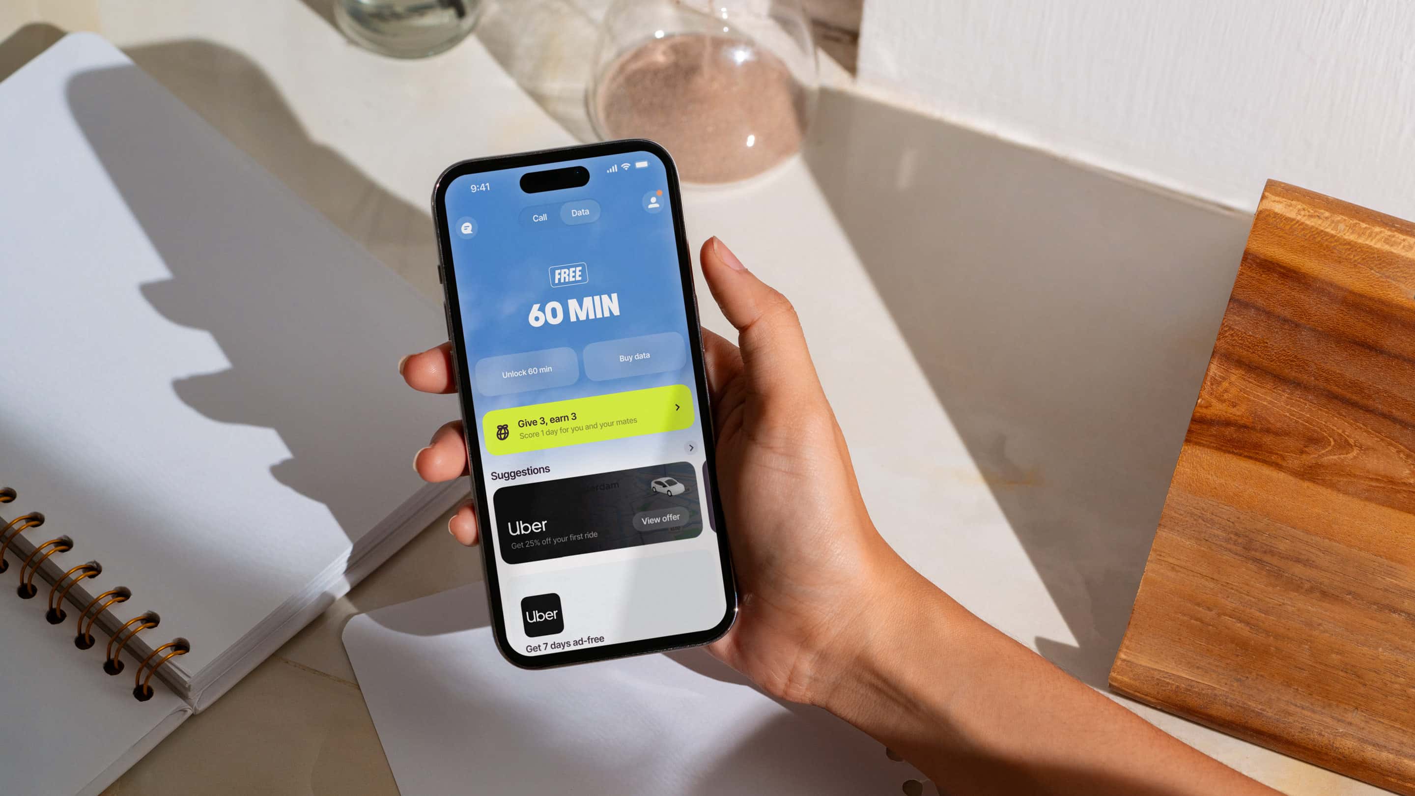 Woman using free mobile data on her phone