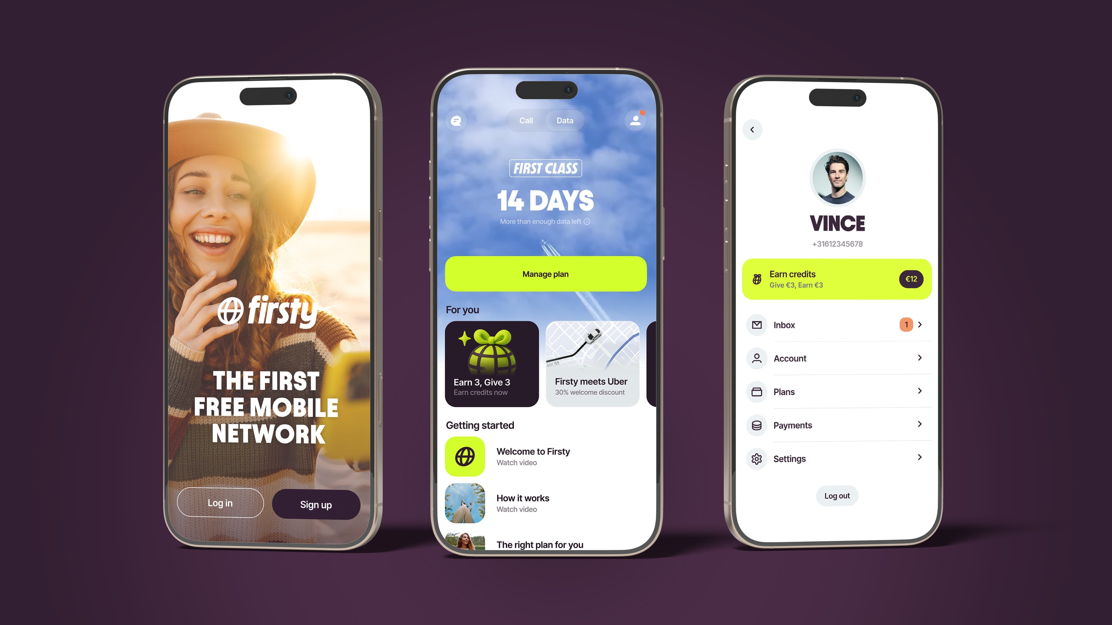 Three screens of the Firsty app showing sign-up, plan details, and account menu