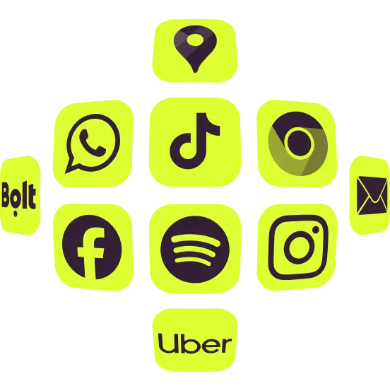 A grid of app icons on a yellow background, including WhatsApp, TikTok, Chrome, Bolt, Facebook, Spotify, Instagram, and Uber.