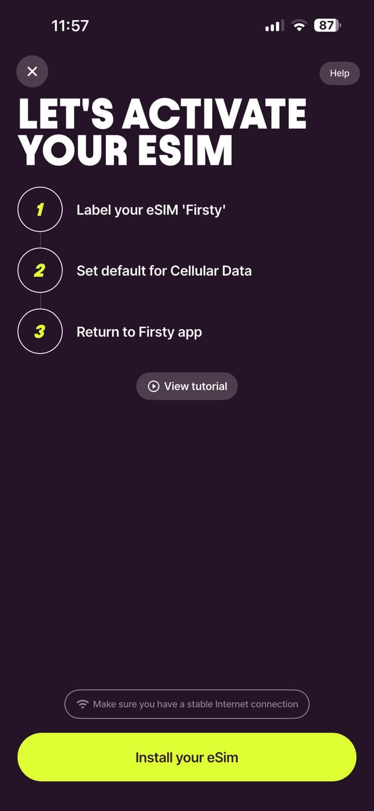 Firsty app screen with steps to activate your eSIM