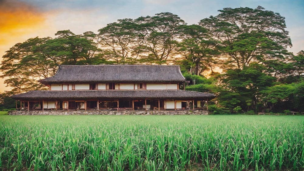 Traditional thatched-roof farmhouse behind a rice paddy in Japan