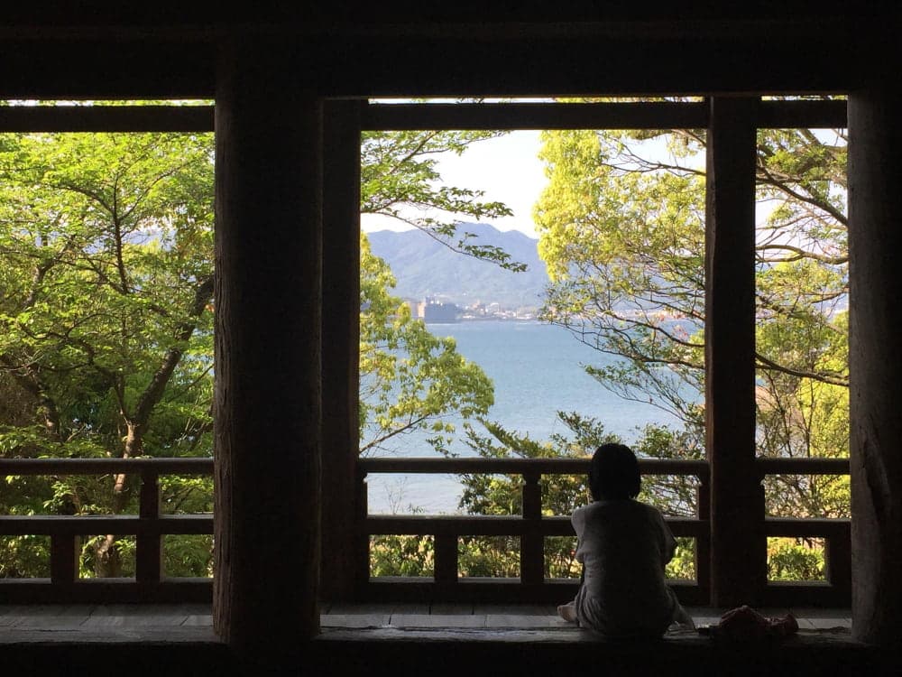 Guest looking out over a lake from a wooden pavilion window in Japan