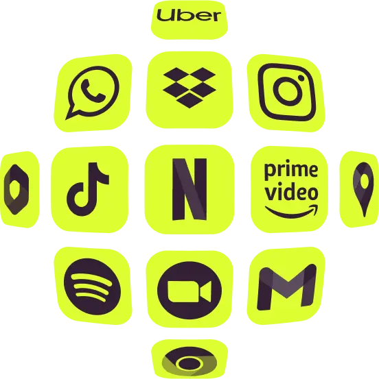 Grid of popular app icons including Uber, WhatsApp, Instagram, Netflix and Spotify